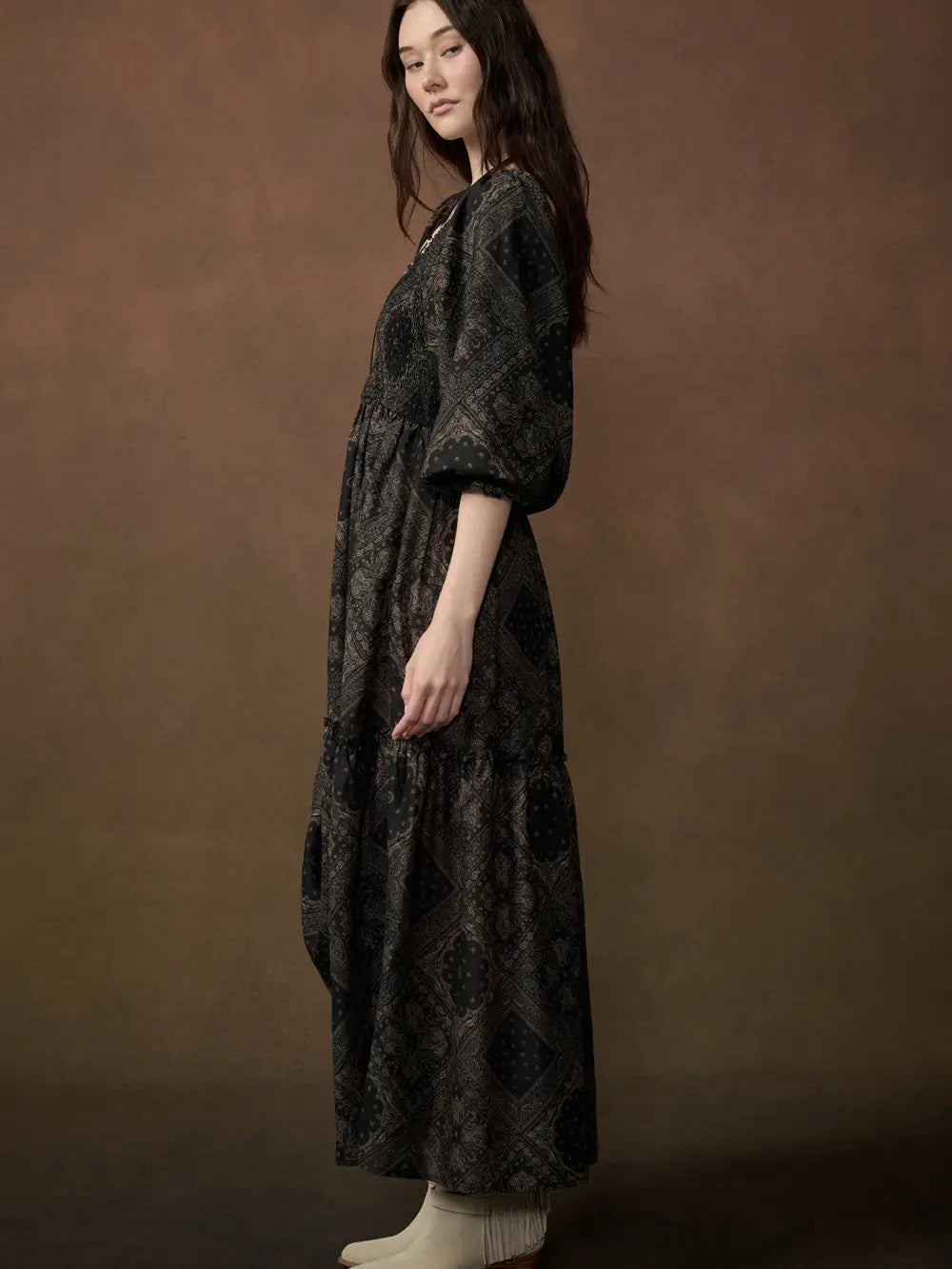 Bandana Smock Neck Puff Sleeve Maxi Dress