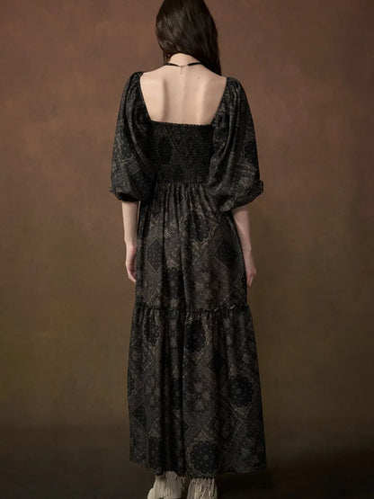 Bandana Smock Neck Puff Sleeve Maxi Dress