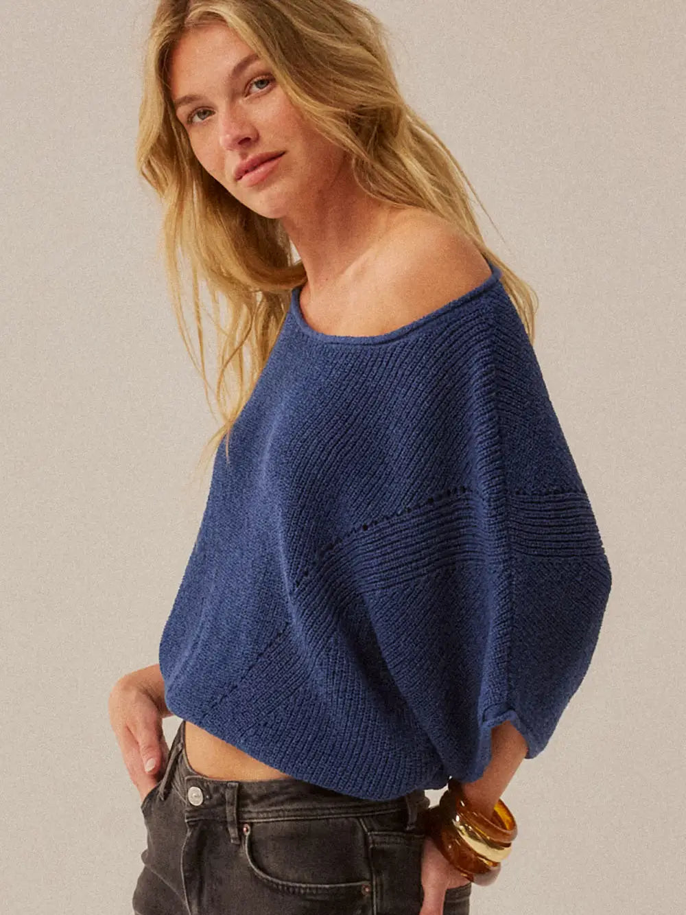 Cobalt Ribbed Knit 3/4 Sleeve Sweater