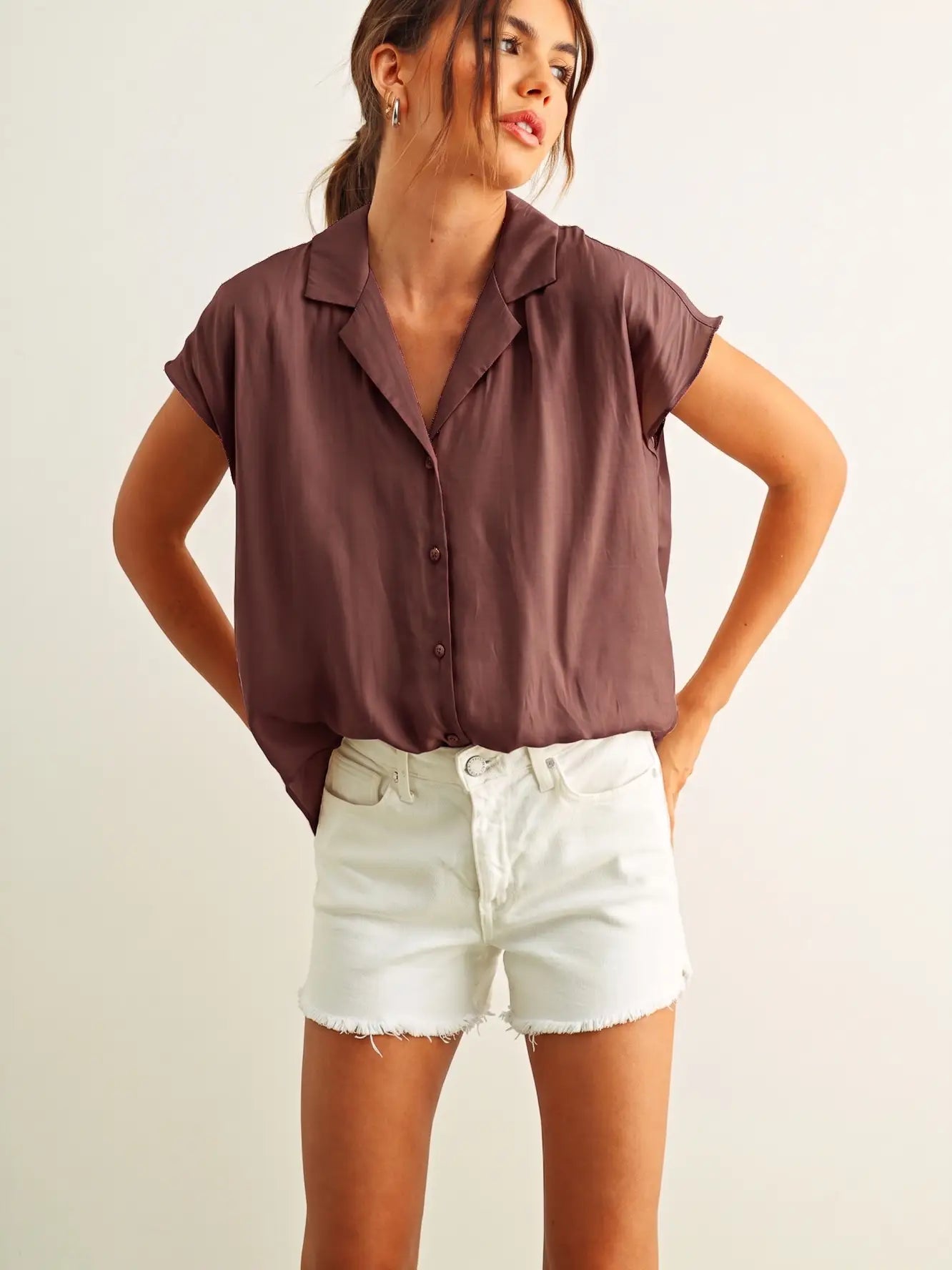 Button Down Cap Sleeve Silky Top