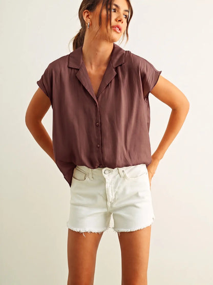 Button Down Cap Sleeve Silky Top