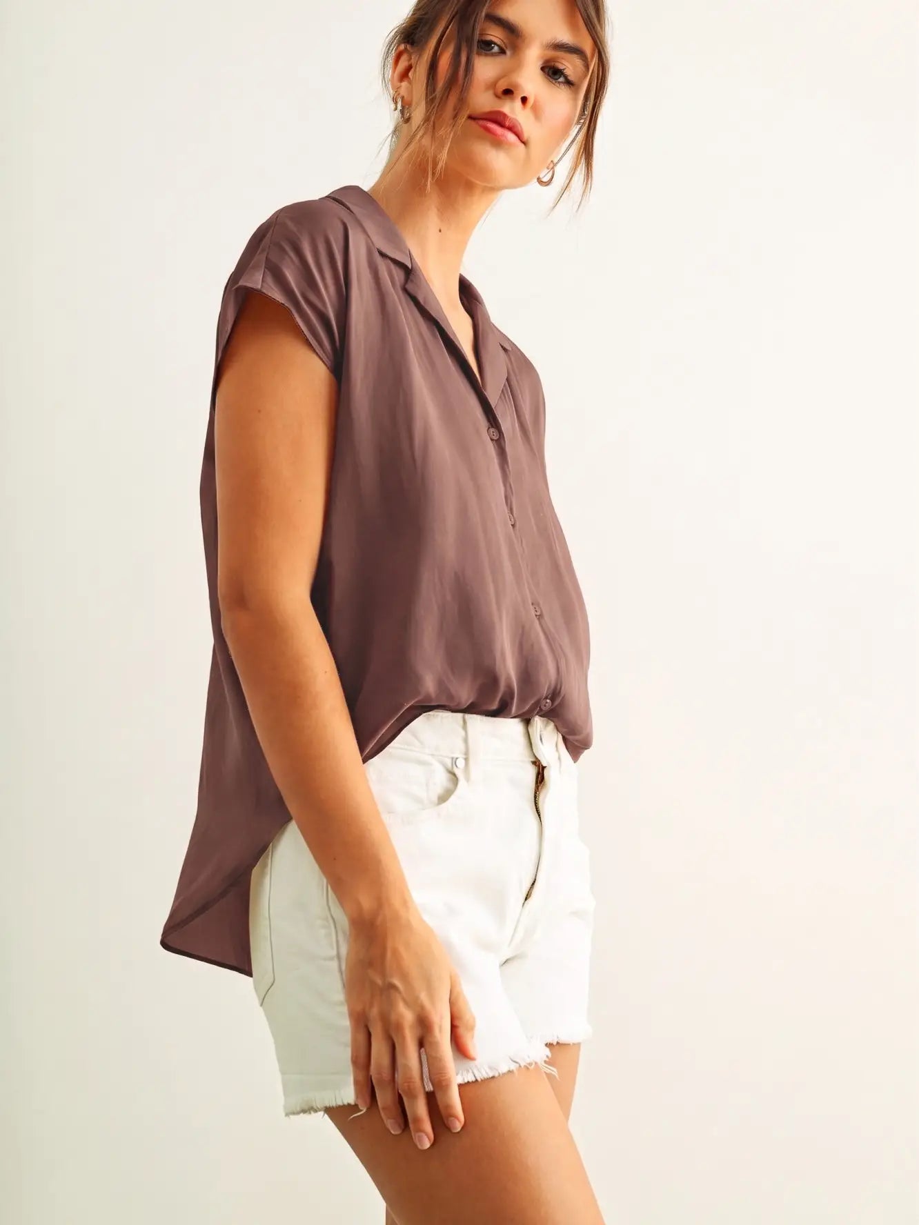 Button Down Cap Sleeve Silky Top