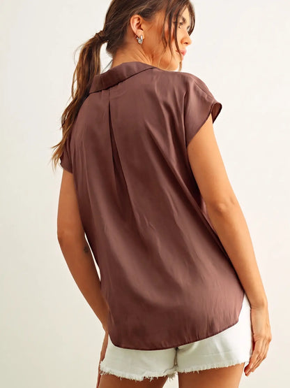 Button Down Cap Sleeve Silky Top
