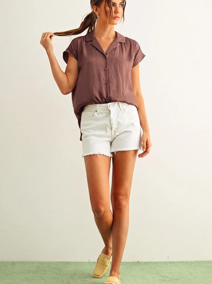 Button Down Cap Sleeve Silky Top