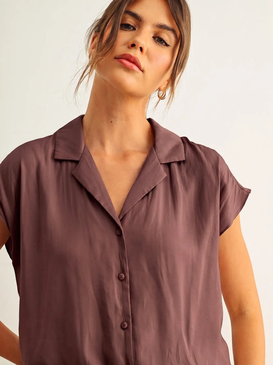 Button Down Cap Sleeve Silky Top