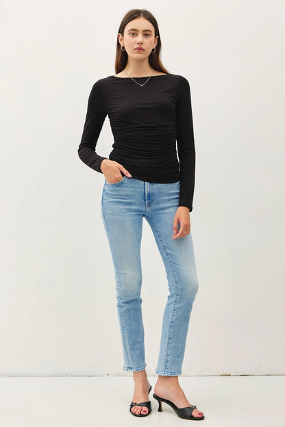 Boat Neck Shirred Waist Top Black
