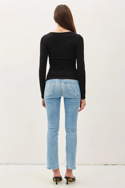 Boat Neck Shirred Waist Top Black