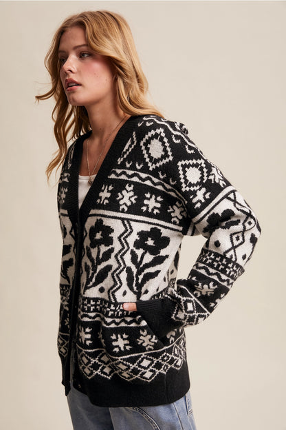 Floral Knit Cardigan Black