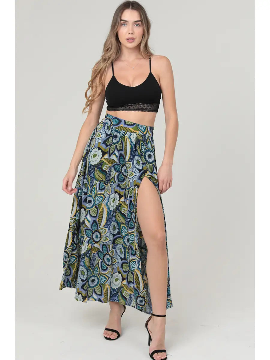 Large Print Blue Floral Maxi with Side Slit