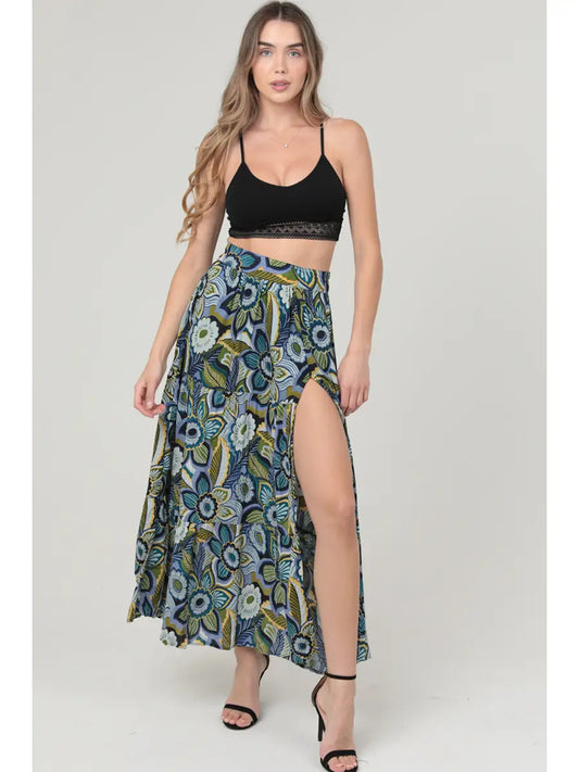 Large Print Blue Floral Maxi with Side Slit