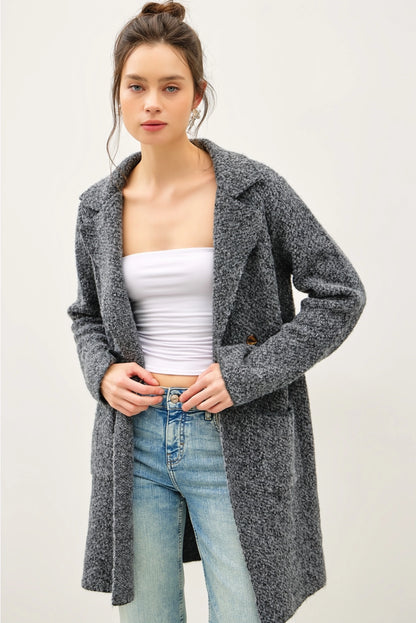 Boucle Knit Double Button Coat Grey