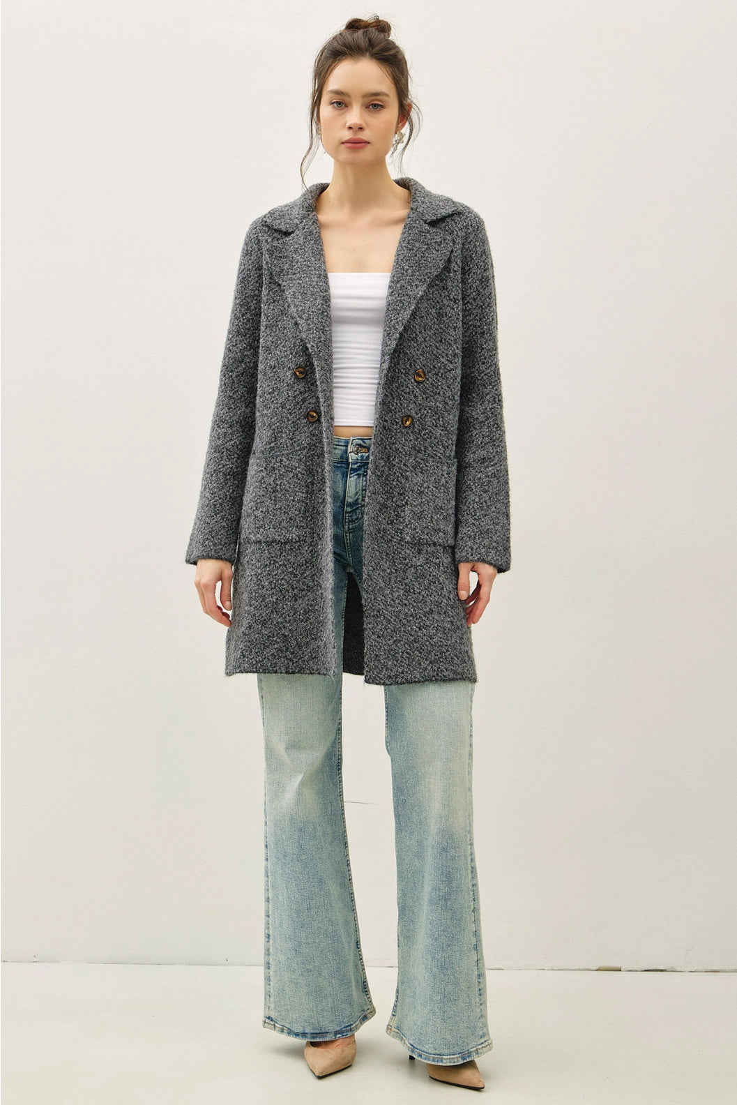 Boucle Knit Double Button Coat Grey