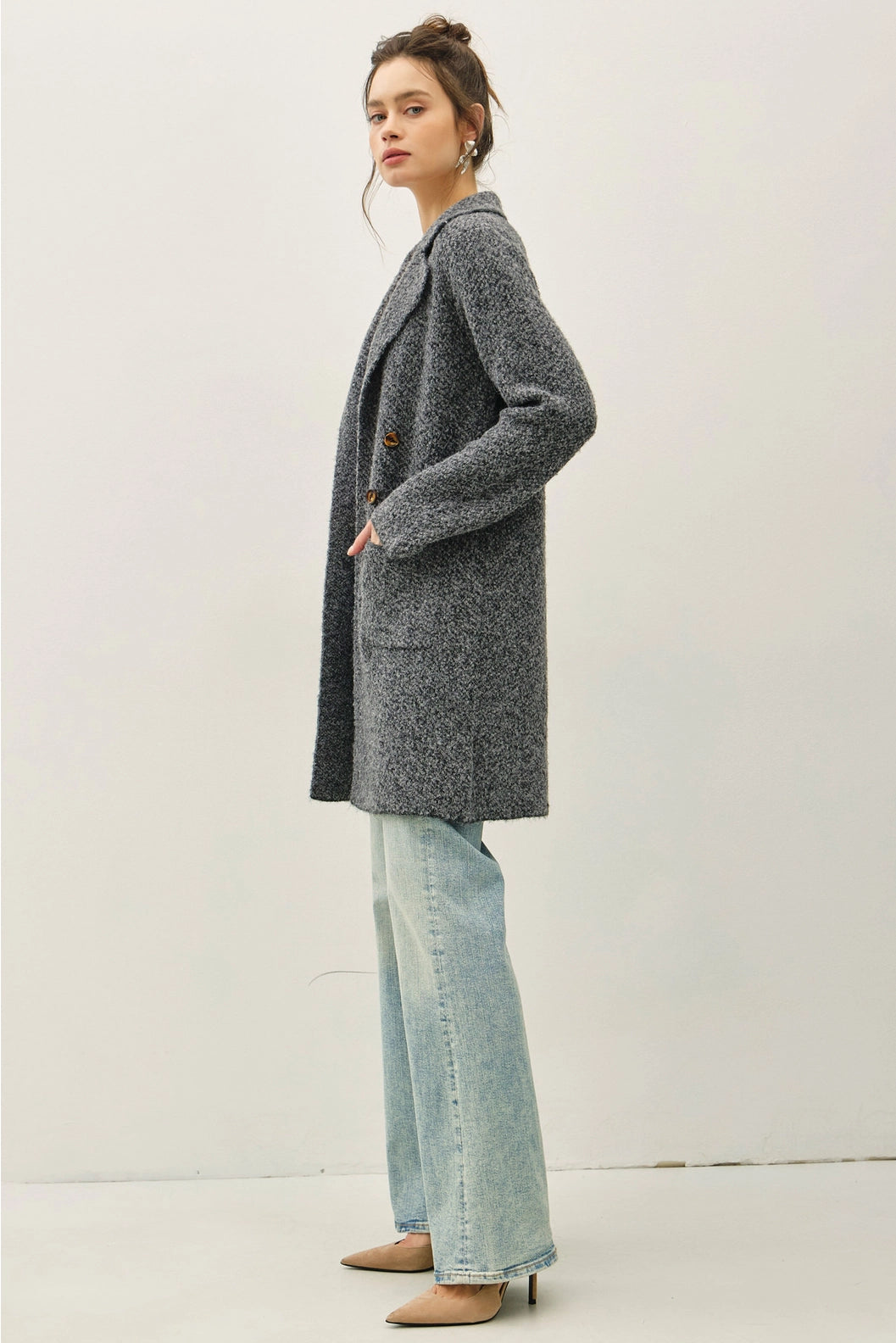 Boucle Knit Double Button Coat Grey