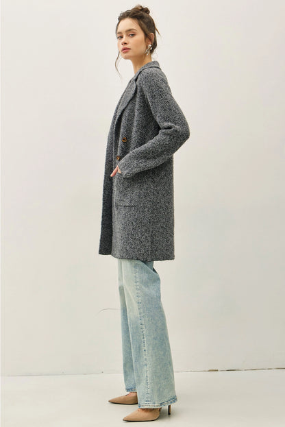 Boucle Knit Double Button Coat Grey