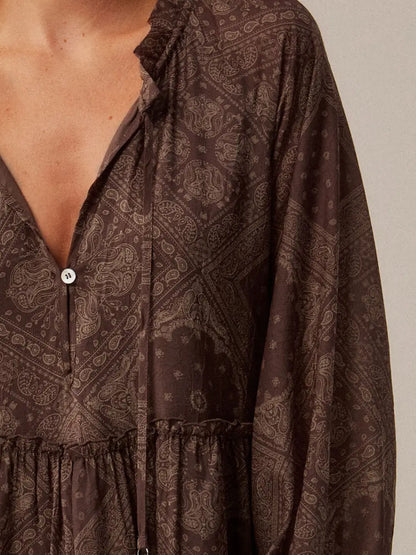 Brown Bandana Tiered Long Sleeve Maxi Dress