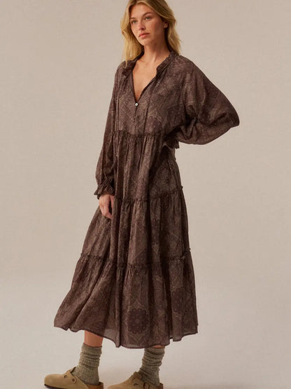 Brown Bandana Tiered Long Sleeve Maxi Dress