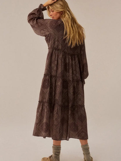 Brown Bandana Tiered Long Sleeve Maxi Dress