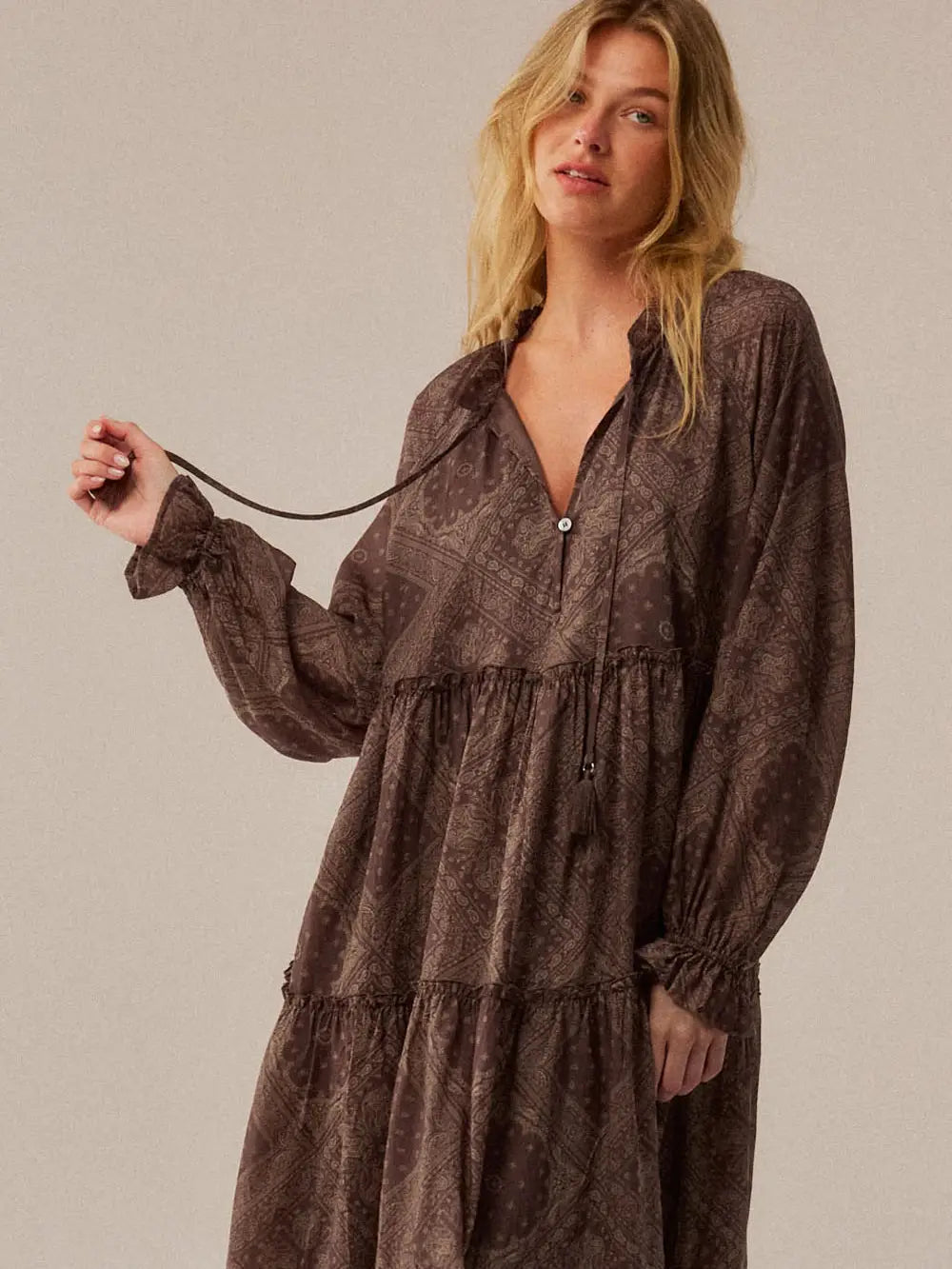 Brown Bandana Tiered Long Sleeve Maxi Dress