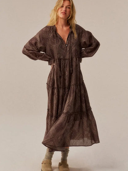 Brown Bandana Tiered Long Sleeve Maxi Dress