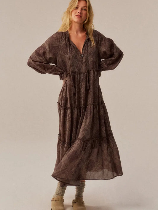 Brown Bandana Tiered Long Sleeve Maxi Dress