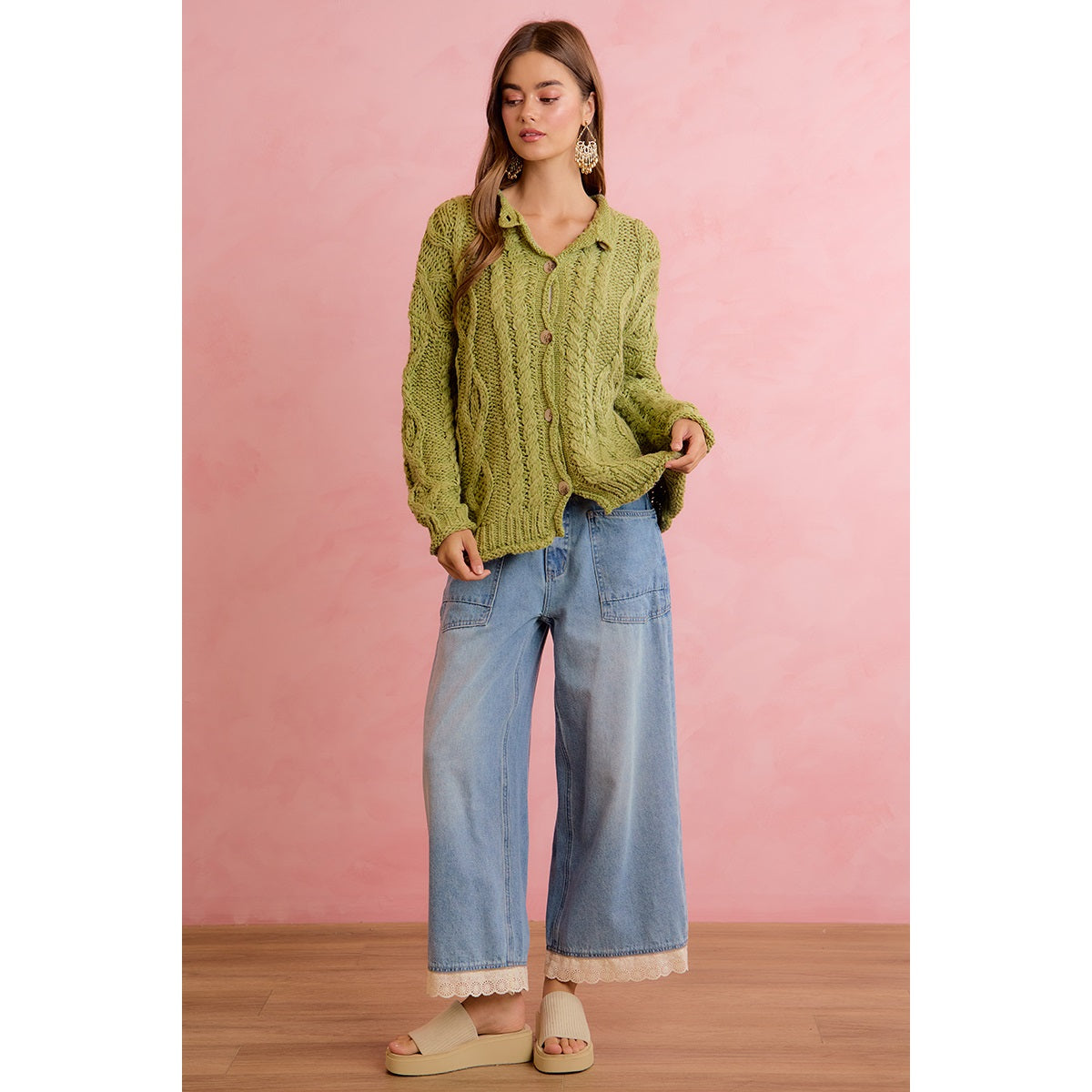 Chunky Green cable Knit Cardi