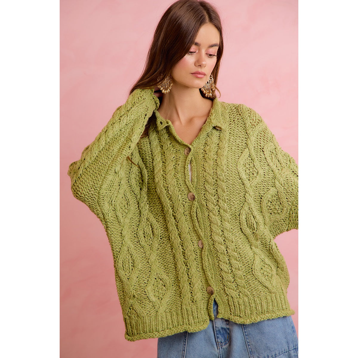 Chunky Green cable Knit Cardi