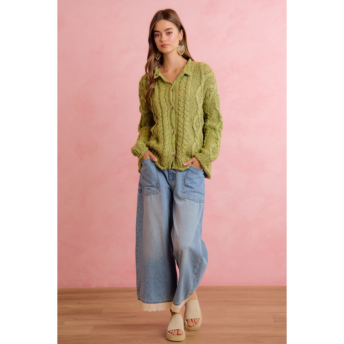 Chunky Green cable Knit Cardi