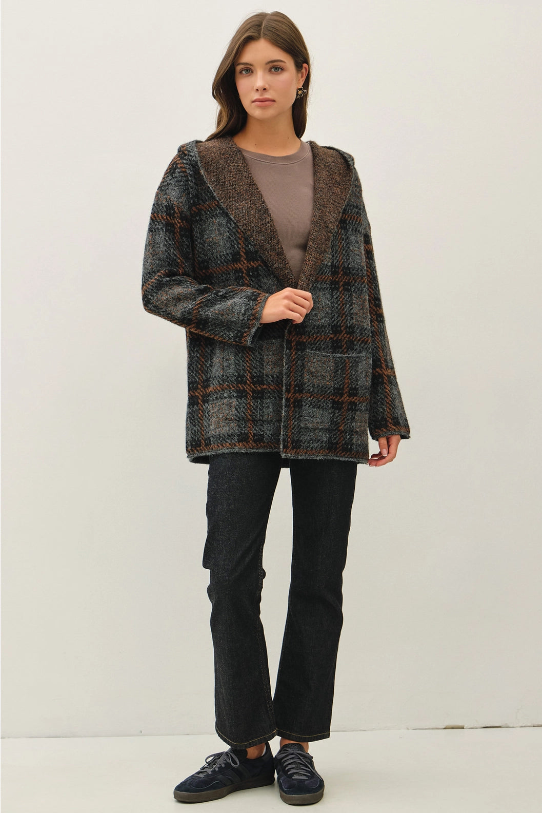 Hooded Plaid Coat Grey and Brown