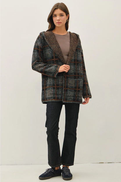 Hooded Plaid Coat Grey and Brown