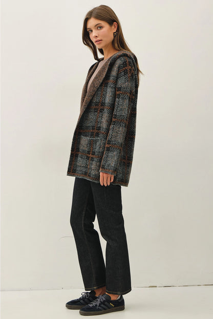 Hooded Plaid Coat Grey and Brown