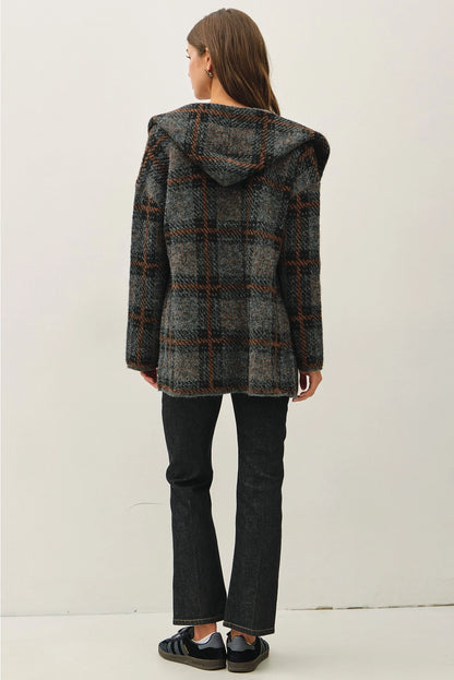 Hooded Plaid Coat Grey and Brown