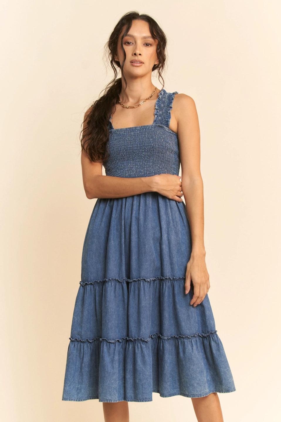 Denim Tiered Midi Dress