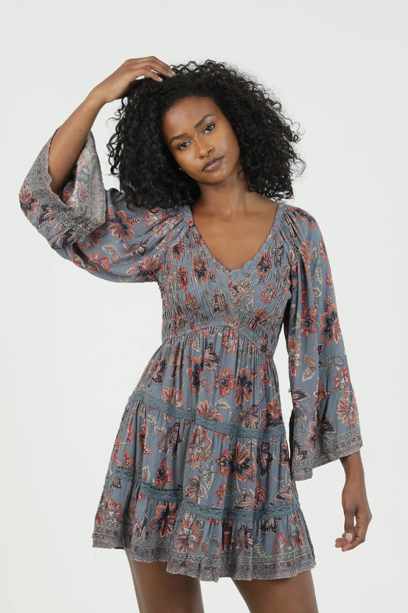Dusty Blue Floral Dress with Sleeves