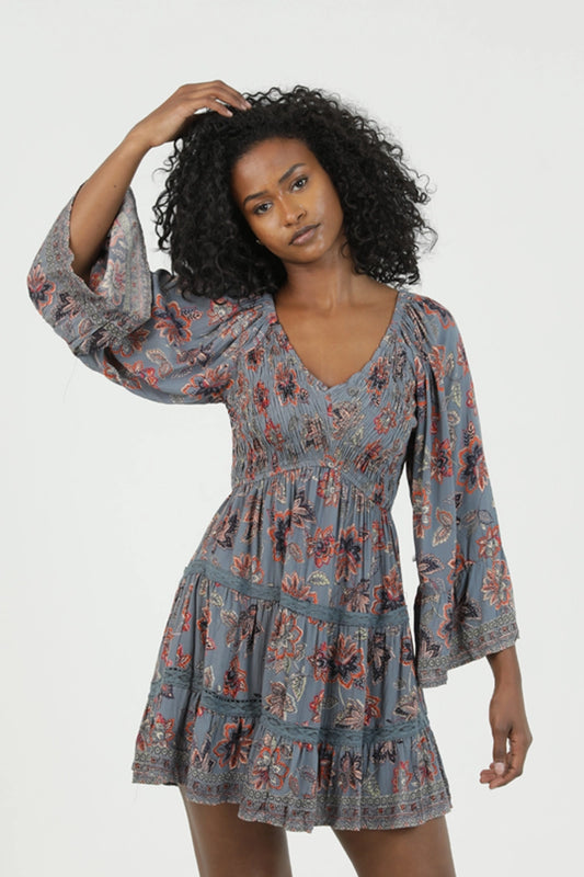 Dusty Blue Floral Dress with Sleeves