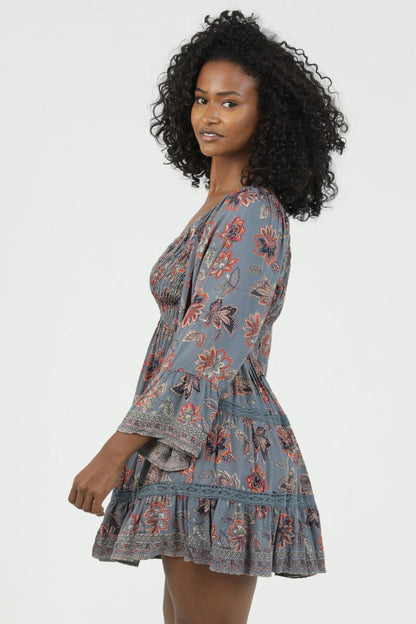 Dusty Blue Floral Dress with Sleeves