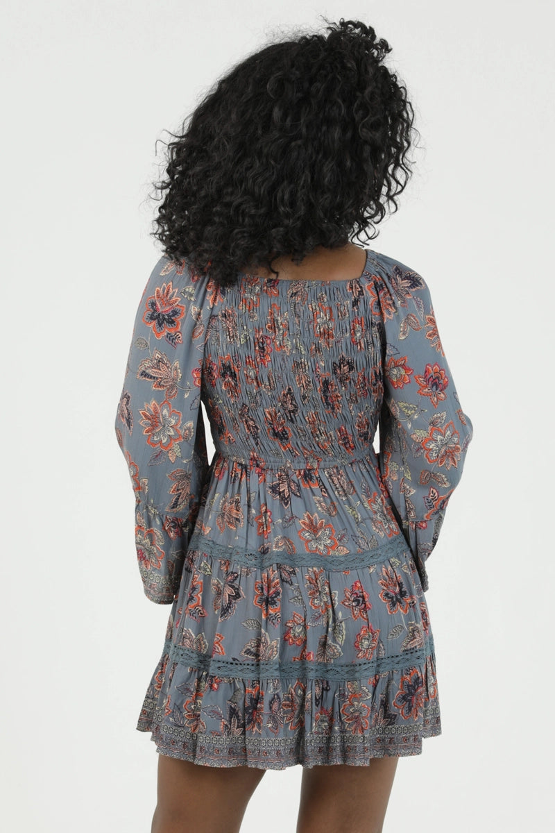 Dusty Blue Floral Dress with Sleeves