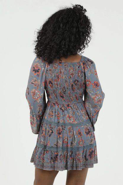 Dusty Blue Floral Dress with Sleeves
