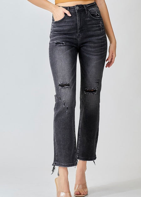 Hi-Rise Rainbow Embroidery Cropped Straight Leg Jeans