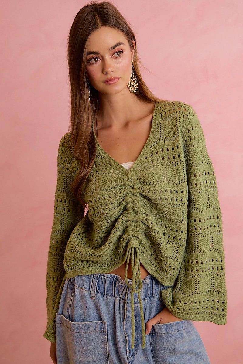 Knit Front Ruched Sweater Deep Sage