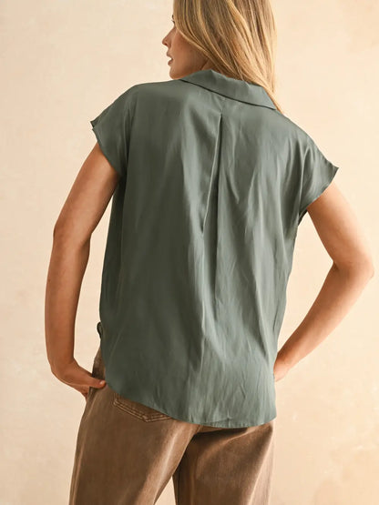 Button Down Cap Sleeve Silky Top Green