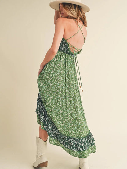 Two Tone Green Floral Ruffle Dress with Cris-Cross Back