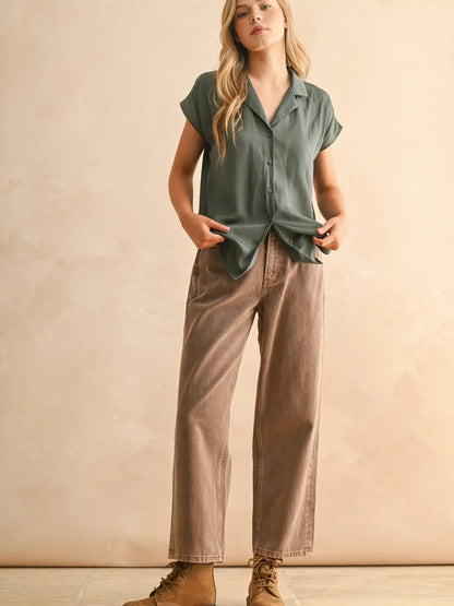 Button Down Cap Sleeve Silky Top Green