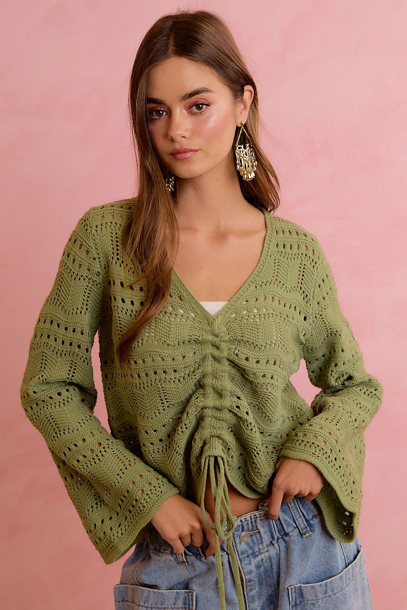 Knit Front Ruched Sweater Deep Sage