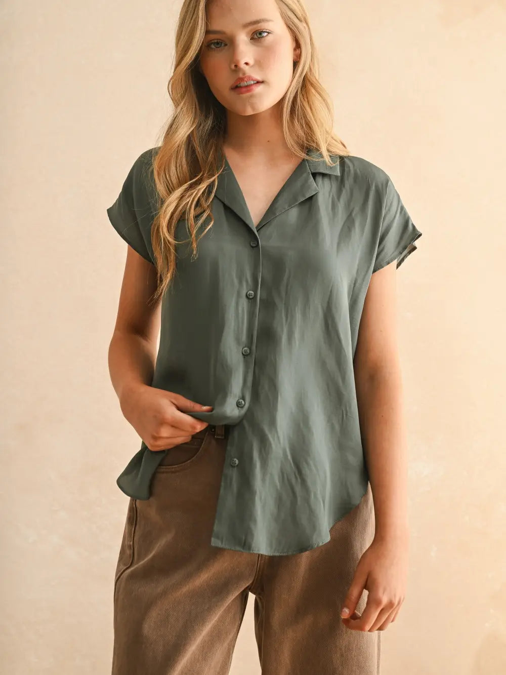 Button Down Cap Sleeve Silky Top Green