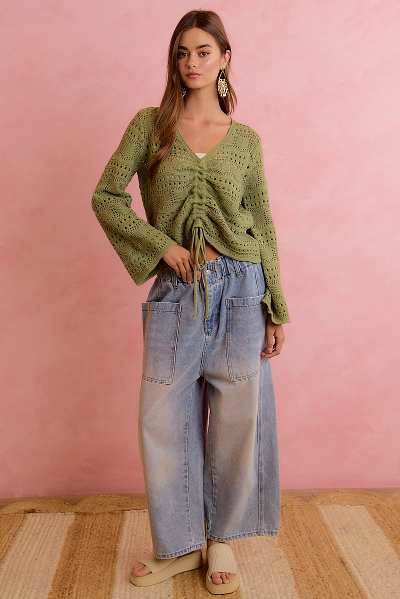 Knit Front Ruched Sweater Deep Sage