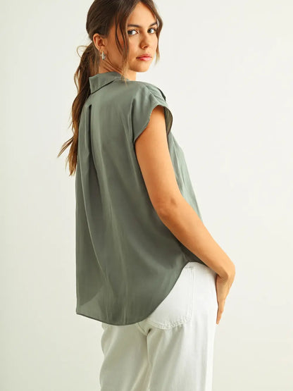 Button Down Cap Sleeve Silky Top Green