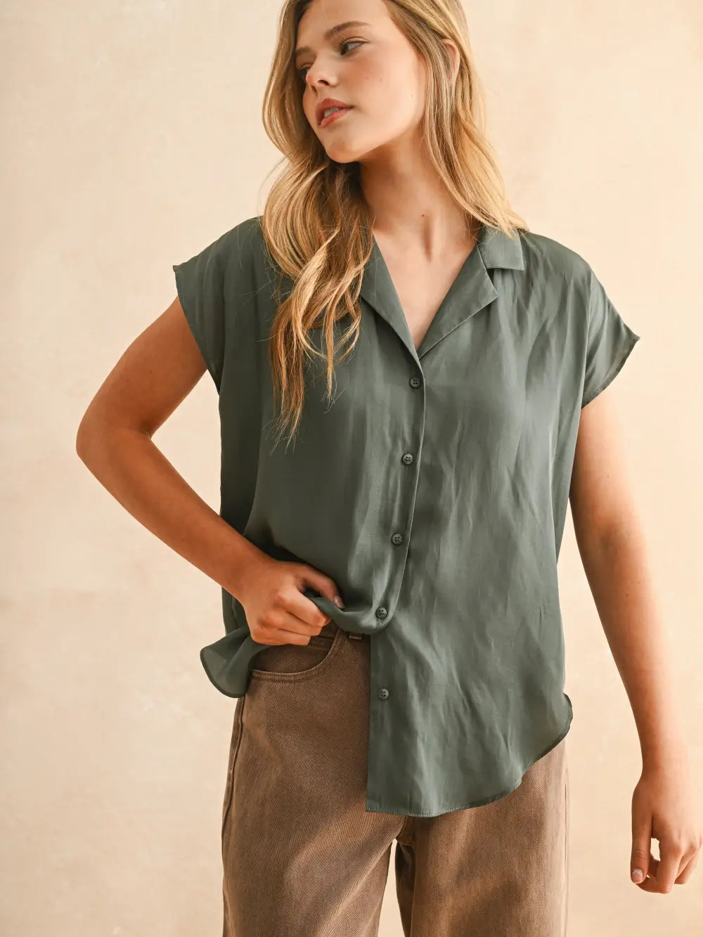 Button Down Cap Sleeve Silky Top Green
