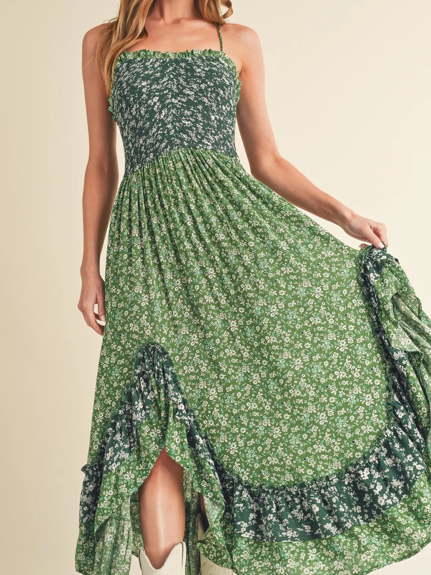 Two Tone Green Floral Ruffle Dress with Cris-Cross Back