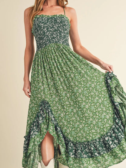 Two Tone Green Floral Ruffle Dress with Cris-Cross Back