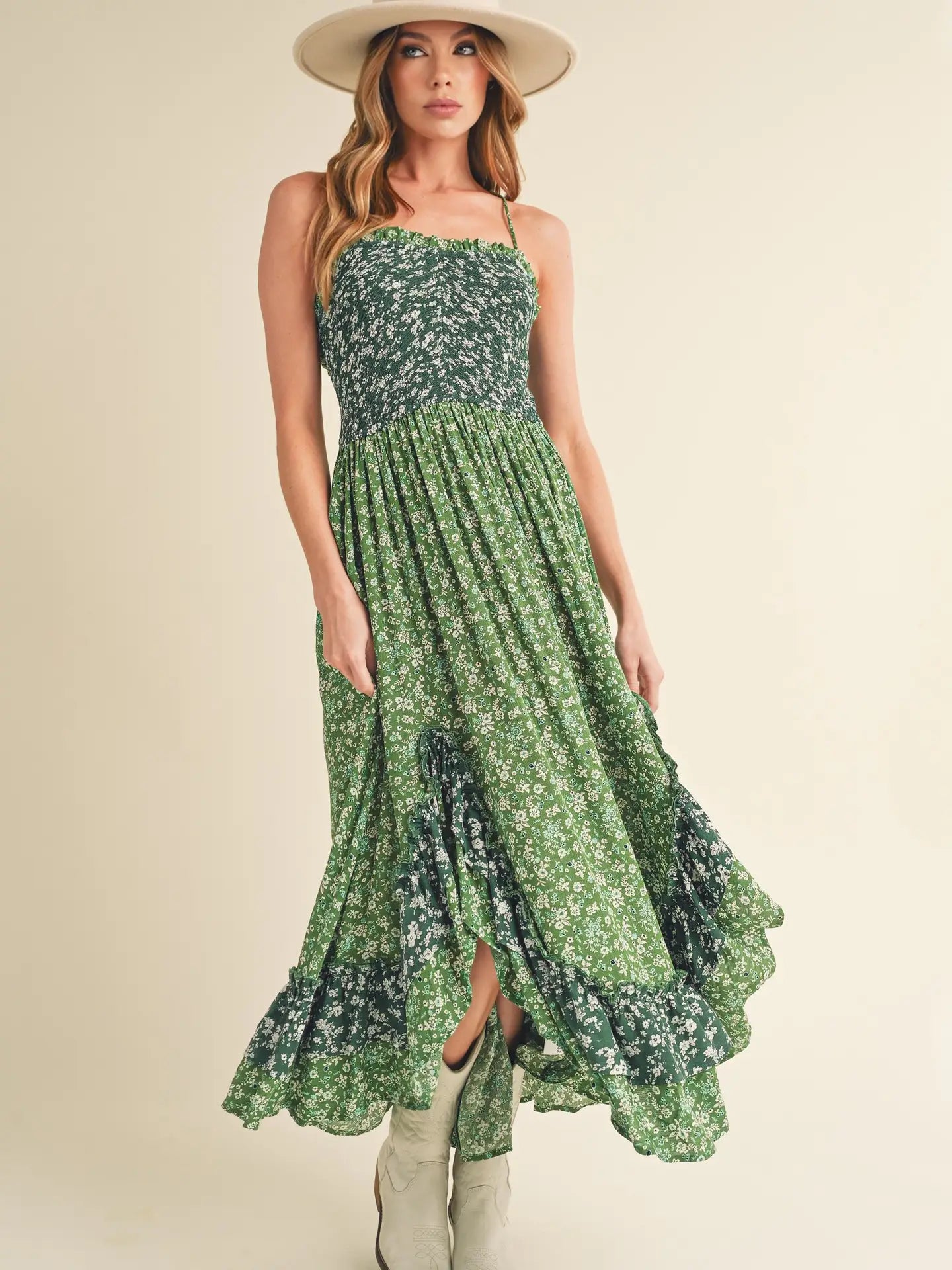 Two Tone Green Floral Ruffle Dress with Cris-Cross Back